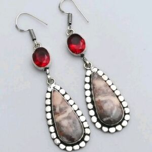 Coconut Jasper, Garnet Gemstone 925 Sterling Silver Drop Dangle Earrings